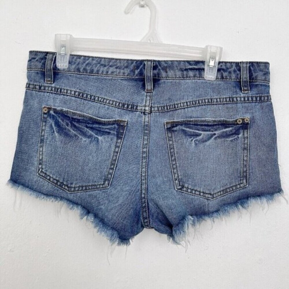 Free People Daisy Dukes Distressed Jean Shorts 27 Denim Cutout Raw Hem Womens